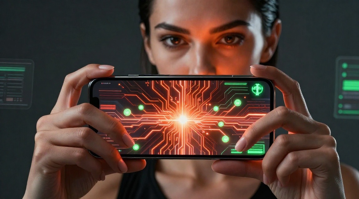 Макросъемка рук со смартфоном, отображающим абстрактный интерфейс энергосети TRON с красно-оранжевыми потоками энергии